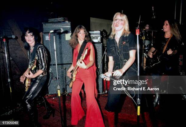 The Runaways perform live at CBGB's club in New York on August 02 1976 L-R Joan Jett, Jackie Fox, Cherie Currie, Sandy West, Lita Ford