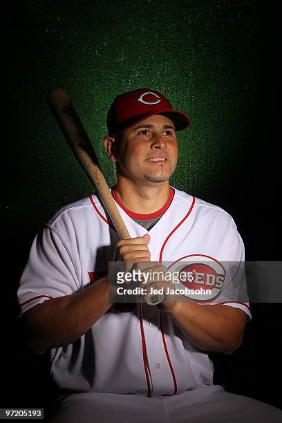 Ramon Hernandez of the Cincinnati Reds poses during media photo day on February 24, 2010 at the Cincinnati Reds Player Development Complex in...