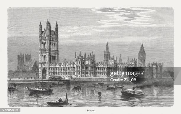 westminster palace in london, england, wood engraving, published in 1897 - palace of westminster stock illustrations