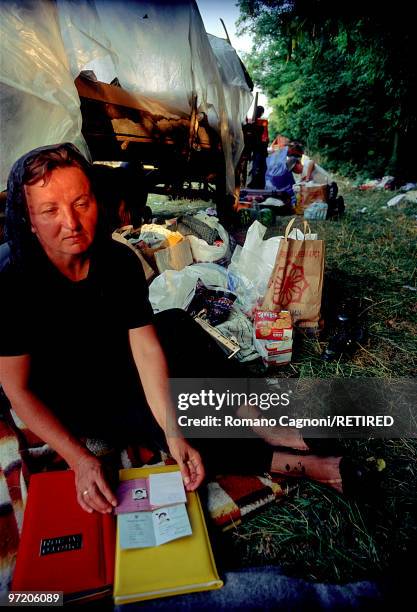 Serb refugee, Ankica Perencevic, fleeing from Krajina, the serb enclave in croatian territory, during the big exodus of 1995 summer, on the motorway...
