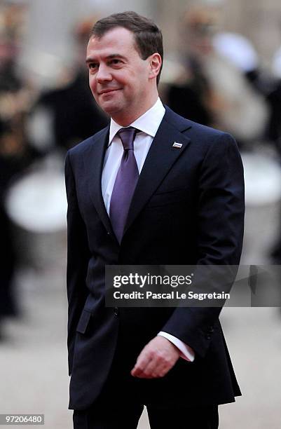 Russian President Dmitry Medvedev arrives in the courtyard of the Elysee Palace on March 1, 2010 in Paris, France. Russian President Dmitry Medvedev...