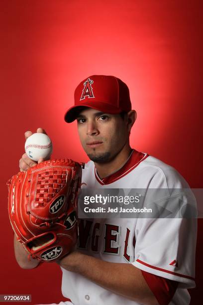 Joel Pineiro of the Los Angeles Angels of Anaheim poses during media photo day at Tempe Diablo Stadium on February 25, 2010 in Tempe, Arizona.