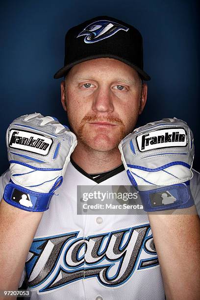 Lyle Overbay of the Toronto Blue Jays poses for photos during media day on March 1, 2010 in Dunedin, Florida.