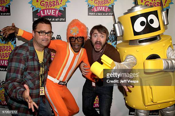 Co-Creator Christian Jacobs and Co-Creator Scott Schultz pose with characters DJ Lance Rock and Plex during the Yo Gabba Gabba! : "There's A Party In...