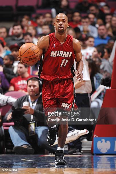 Rafer Alston of the Miami Heat brings the ball upcourt against the New Jersey Nets during the game on February 17, 2010 at the Izod Center in East...