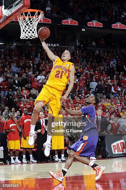 Greivis Vasquez of the Maryland Terrapins dunks the ball against the Clemson Tigers at the Comcast Center on February 24, 2010 in College Park,...