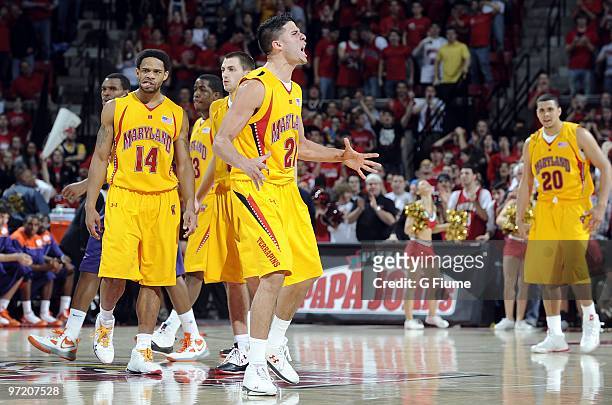 Greivis Vasquez of the Maryland Terrapins celebrates after scoring against the Clemson Tigers at the Comcast Center on February 24, 2010 in College...