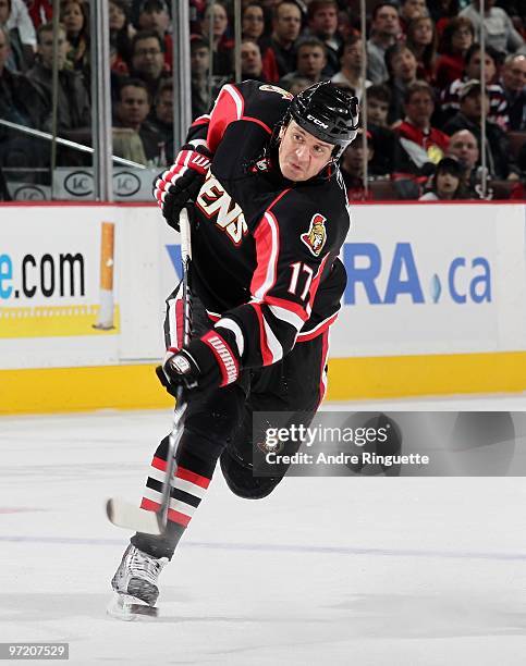 Filip Kuba of the Ottawa Senators fires a slapshot against the Washington Capitals at Scotiabank Place on February 11, 2010 in Ottawa, Ontario,...