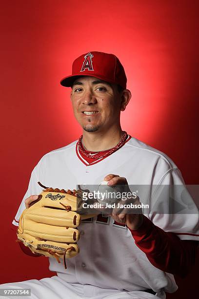 Brian Fuentes of the Los Angeles Angels of Anaheim poses during media photo day at Tempe Diablo Stadium on February 25, 2010 in Tempe, Arizona.