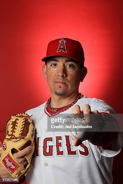 Brian Fuentes of the Los Angeles Angels of Anaheim poses during media photo day at Tempe Diablo Stadium on February 25, 2010 in Tempe, Arizona.