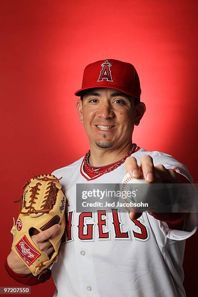 Brian Fuentes of the Los Angeles Angels of Anaheim poses during media photo day at Tempe Diablo Stadium on February 25, 2010 in Tempe, Arizona.