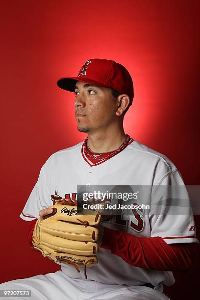 Brian Fuentes of the Los Angeles Angels of Anaheim poses during media photo day at Tempe Diablo Stadium on February 25, 2010 in Tempe, Arizona.