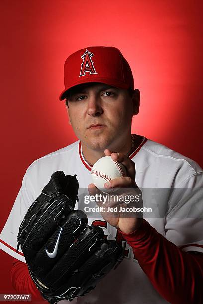 Joe Saunders of the Los Angeles Angels of Anaheim poses during media photo day at Tempe Diablo Stadium on February 25, 2010 in Tempe, Arizona.