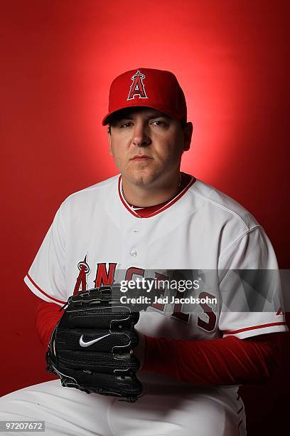 Joe Saunders of the Los Angeles Angels of Anaheim poses during media photo day at Tempe Diablo Stadium on February 25, 2010 in Tempe, Arizona.