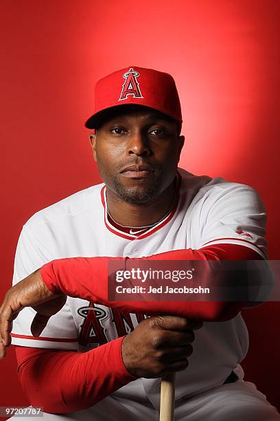 Torii Hunter of the Los Angeles Angels of Anaheim poses during media photo day at Tempe Diablo Stadium on February 25, 2010 in Tempe, Arizona.