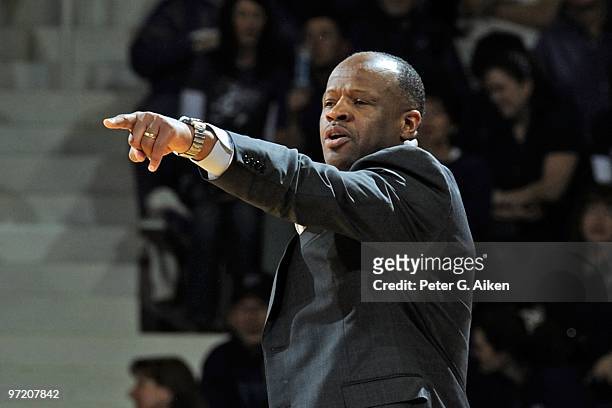 Head coach Mike Anderson of the Missouri Tigers signals in a play during a game against the Kansas State Wildcats on February 27, 2010 at Bramlage...