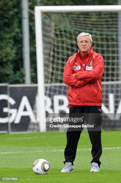 Head coach Marcello Lippi looks on during an Italy national team training session at FIGC Centre at Coverciano on March 1, 2010 in Florence, Italy.