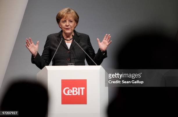 German Chancellor Angela Merkel speaks at the opening ceremony of the CeBIT Technology Fair on March 1, 2010 in Hannover, Germany. CeBIT will be open...