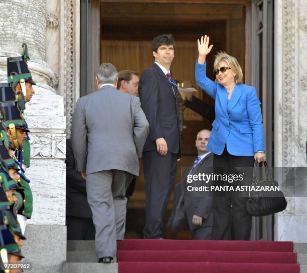 Secretary of State, Hillary Clinton , waves upon her arrival at the Congress in Montevideo, March 1, 2010. Clinton arrived in Uruguay to attend the...