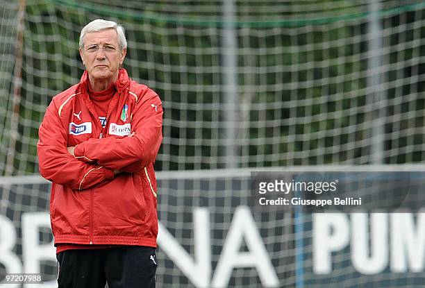 Head coach Marcello Lippi looks on during an Italy national team training session at FIGC Centre at Coverciano on March 1, 2010 in Florence, Italy.