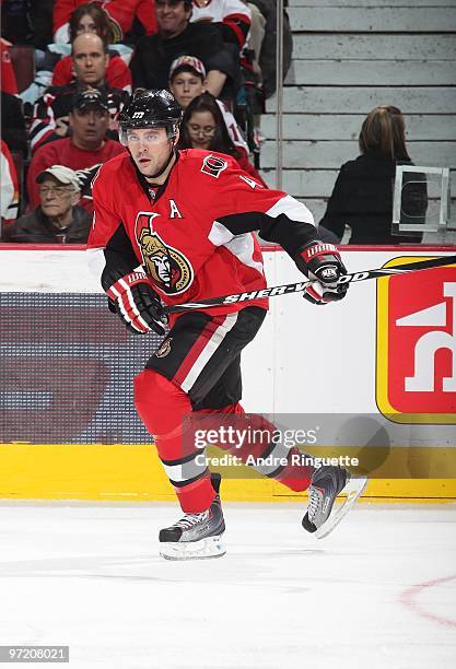 Chris Phillips of the Ottawa Senators skates against the Calgary Flames at Scotiabank Place on February 9, 2010 in Ottawa, Ontario, Canada.