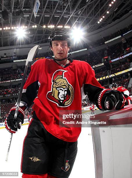 Filip Kuba of the Ottawa Senators leaves the ice after warmups prior to a game against the Calgary Flames at Scotiabank Place on February 9, 2010 in...