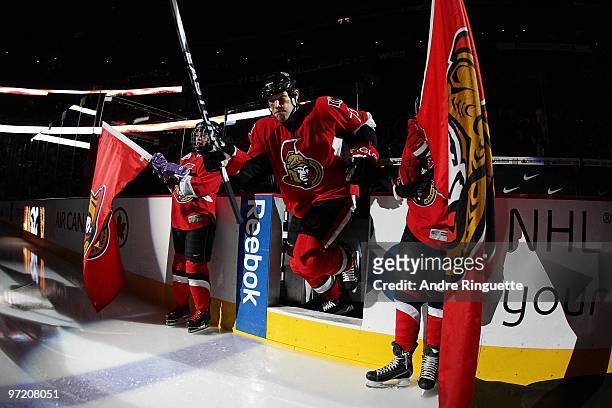 Jarkko Ruutu of the Ottawa Senators steps onto the ice during player introductions prior to a game against the Calgary Flames at Scotiabank Place on...