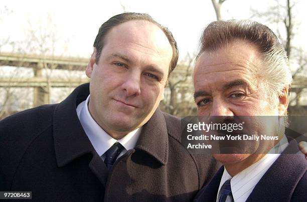 Actors James Gandolfini and Tony Sirico get together at a Jersey City cemetery to shoot a scene for the TV series "The Sopranos." Gandolfini plays...