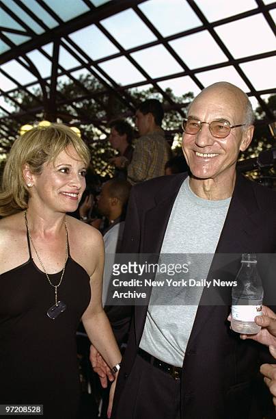 Actor Patrick Stewart and fianc?e Wendy Kneuss attend the premiere of the movie "X-Men" at Ellis Island. He plays Dr. Xavier in the sci-fi film...