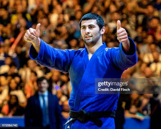 Mikhail Igolnikov of Russia celebrates winning the u90kg final and the gold medal during day three of the 2018 Tel Aviv European Judo Championships...