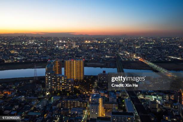 view of tokyo skyline and the view of tokyo skytree / tokyo, japan - xin he stock pictures, royalty-free photos & images