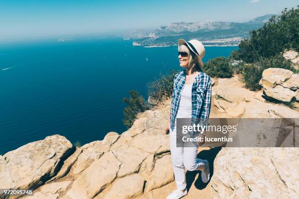 woman at route des cretes, provence, france - calanques stock pictures, royalty-free photos & images