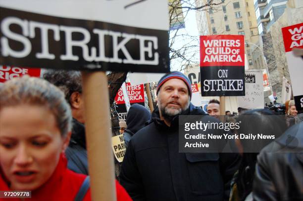 Actor Vincent D'Onofrio, showing his solidarity by sporting a "strike beard," joins members of the Writers Guild of America on a picket line outside...