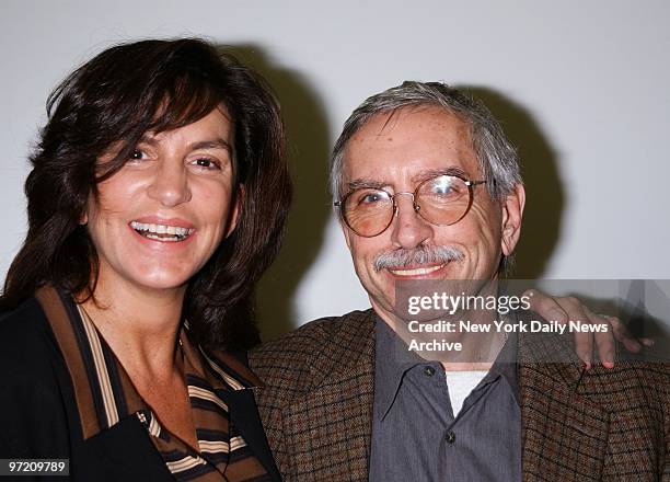 Actress Mercedes Ruehl and playwright Edward Albee get together at the rehearsal of Albee's new play "The Goat, or Who is Sylvia?" at W. 45th St....