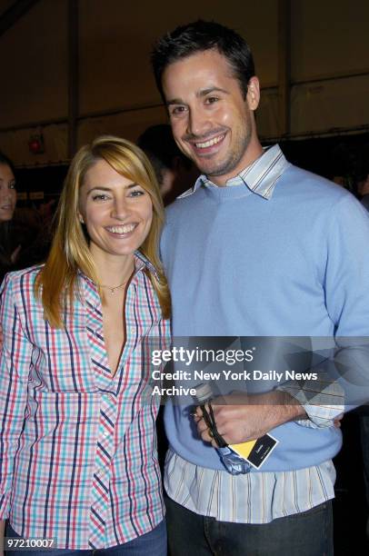 Actors Madchen Amick and Freddie Prinze Jr. Get together backstage at the Tent in Bryant Park during a Fashion Week runway show featuring the Lacoste...