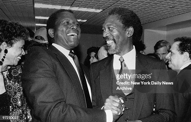 Actors Morgan Freeman and Sidney Poitier at the D.W. Griffith Awards. Freeman received an award as best actor.