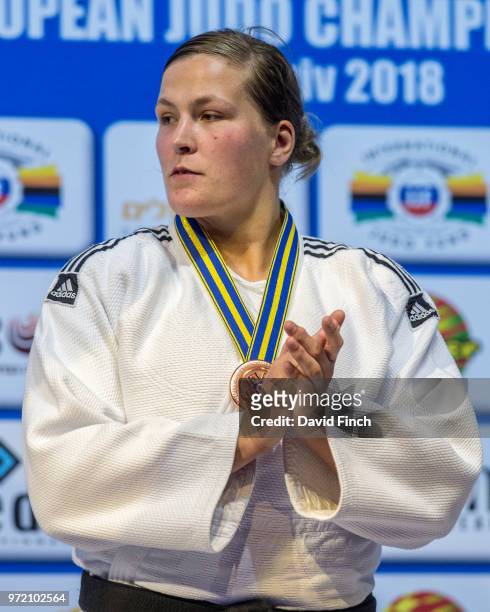 Over 78kg bronze medallist, Tessie Savelkouls of the Netherlands during day three of the 2018 Tel Aviv European Judo Championships at the Tel Aviv...