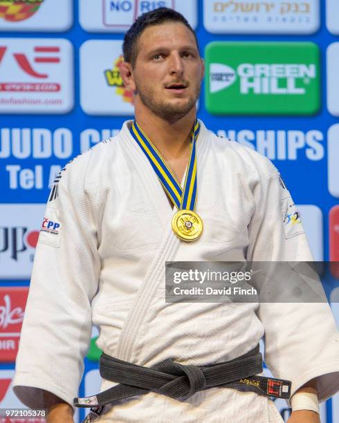 Rio Olympic champion, Lukas Krpalek of the Czech Republic, proudly shows his over 100kg gold medal during day three of the 2018 Tel Aviv European...