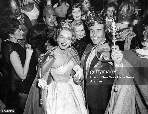 Actress Barbara Britton and actor Ricardo Montalban, queen and king of the Artists and Models Ball, at the National Arts Club at 15 Gramercy Park...