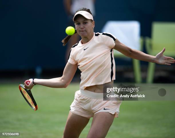 Veronika Kudermetova of Russia competes in her women's singles match against Anett Kontaveit of Estonia during day two of the 2018 Libema Open on...