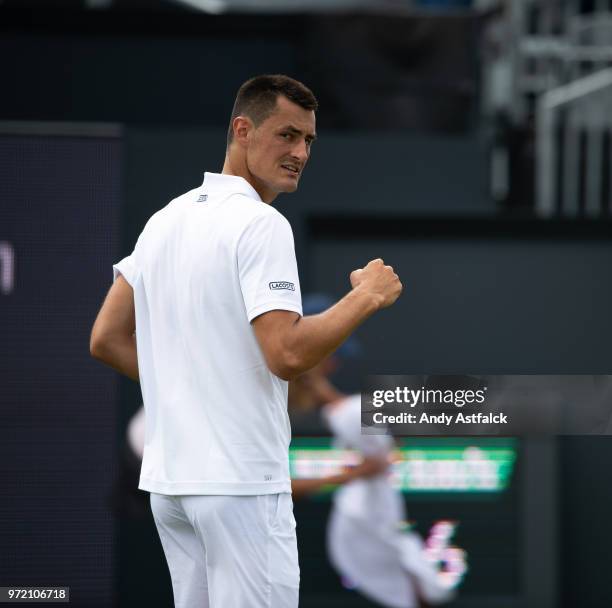 Bernard Tomic of Australia celebrates winning a point in his men's singles match against Kevin King of the USA during day two of the 2018 Libema Open...