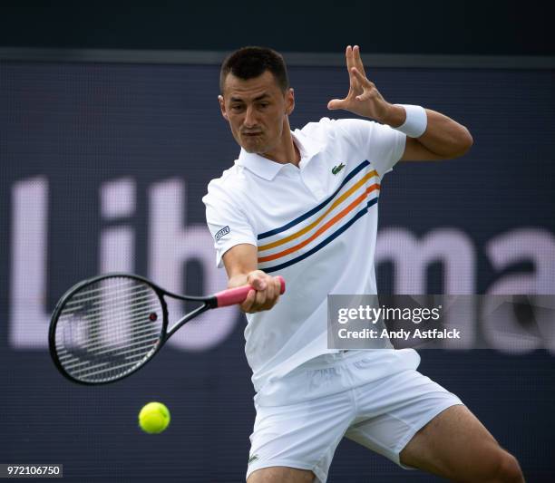 Bernard Tomic of Australia competes in his men's singles match against Kevin King of the USA during day two of the 2018 Libema Open on June 12, 2018...