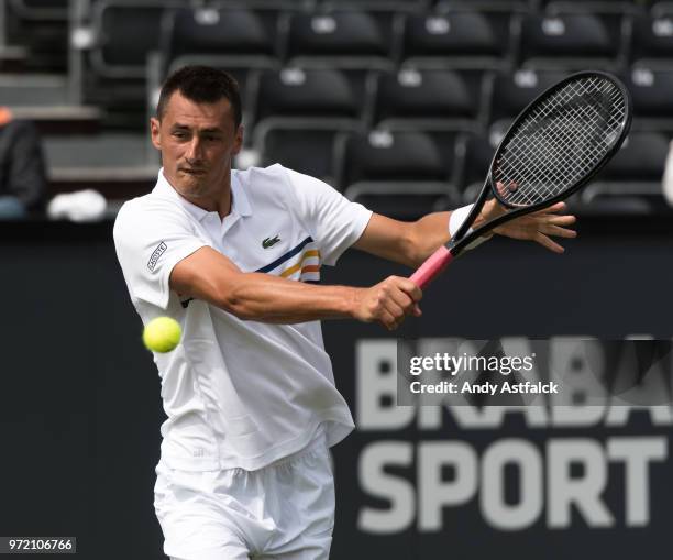 Bernard Tomic of Australia competes in his men's singles match against Kevin King of the USA during day two of the 2018 Libema Open on June 12, 2018...