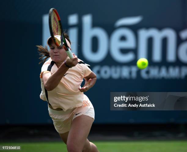 Veronika Kudermetova of Russia competes in her women's singles match against Anett Kontaveit of Estonia during day two of the 2018 Libema Open on...