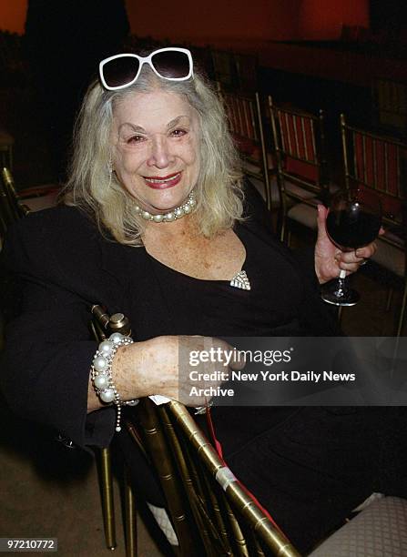 Actress Sylvia Miles enjoys a glass of vino at the Wonderbra Fashion Show at Cipriani's 42nd St.