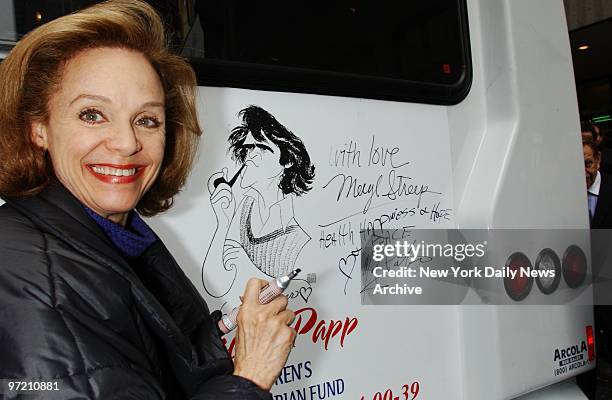 Actress Valerie Harper adds her name to the new Joseph Papp Wheels for Life Bus at Broadway and W. 45th St. The bus, named in honor of Papp, the late...