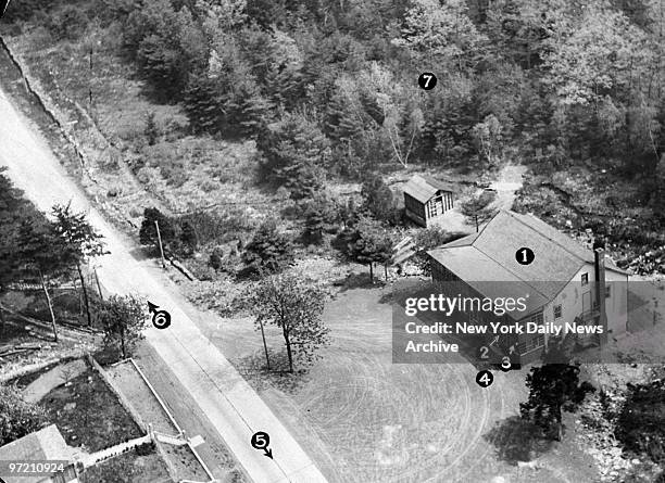 Aerial photo from Daily News plane of: Sratoga Inn where Jack Diamond, "King Cobra of Crime," was shot and killed; door at which Diamond fell;...