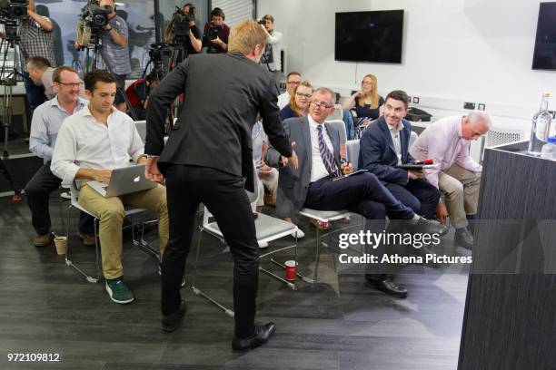 Manager Graham Potter greets reporters during the Swansea City Press Conference at The Fairwood Training Ground on June 12, 2018 in Swansea, Wales.