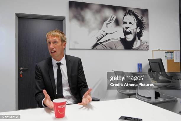 Manager Graham Potter speaks to reporters during the Swansea City Press Conference at The Fairwood Training Ground on June 12, 2018 in Swansea, Wales.