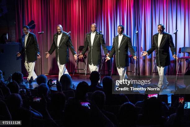 Willie Green, Otis Williams, Larry Braggs, Terry Weeks and Ron Tyson perform during The Drop: The Temptations at The GRAMMY Museum on June 11, 2018...